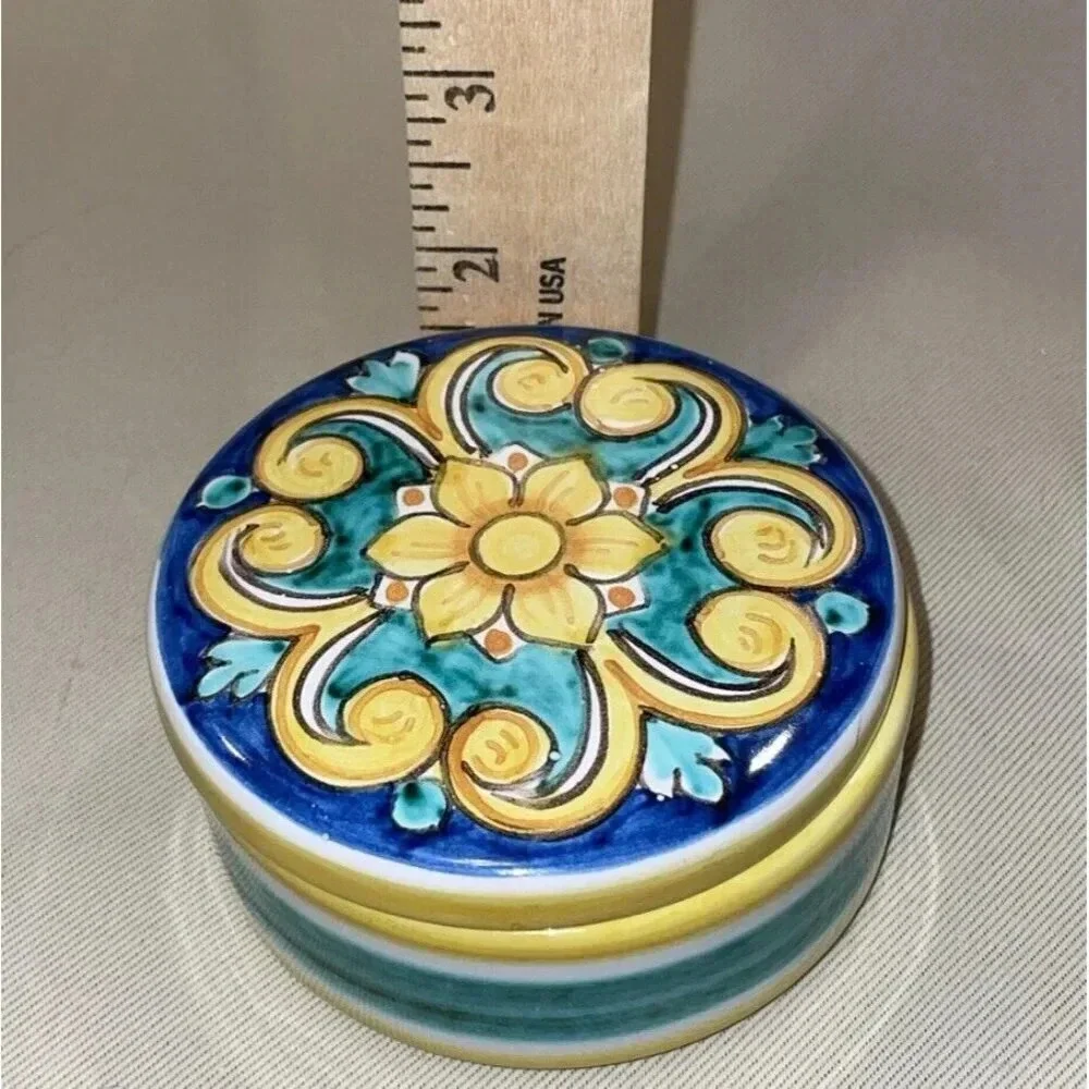 Mexican Talavera Pottery Round‎ Trinket Box Dish Jewelry Floral Flowers Colorful